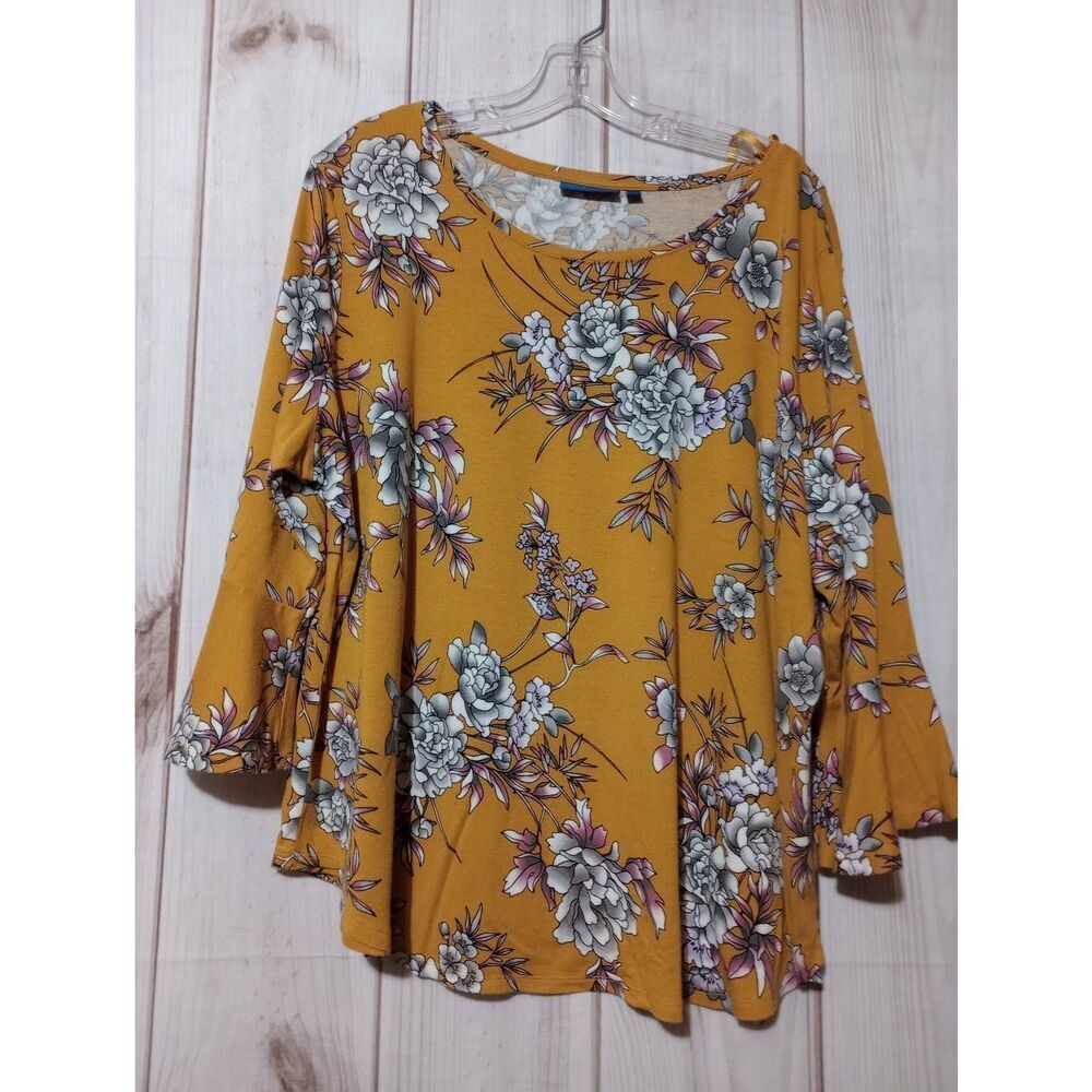 Apt 9 Shirt Ladies 2x Gold‎ Floral Long Bell Sleeve Round Neck